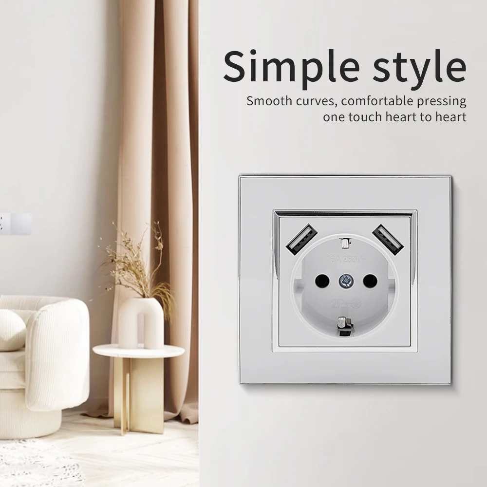 لوحة أكريليك بيضاء 250 فولت مع مقابس طاقة USB مثبطات اللهب الأرضية منافذ كهربائية مقبس حائط قياسي كلاسيكي من الاتحاد الأوروبي #3