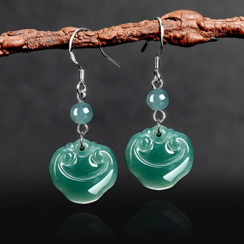 

Real Solid 925 Silver Natural Grade A Jade Jadeite Women Bless Lucky Ruyi Dangle Earrings