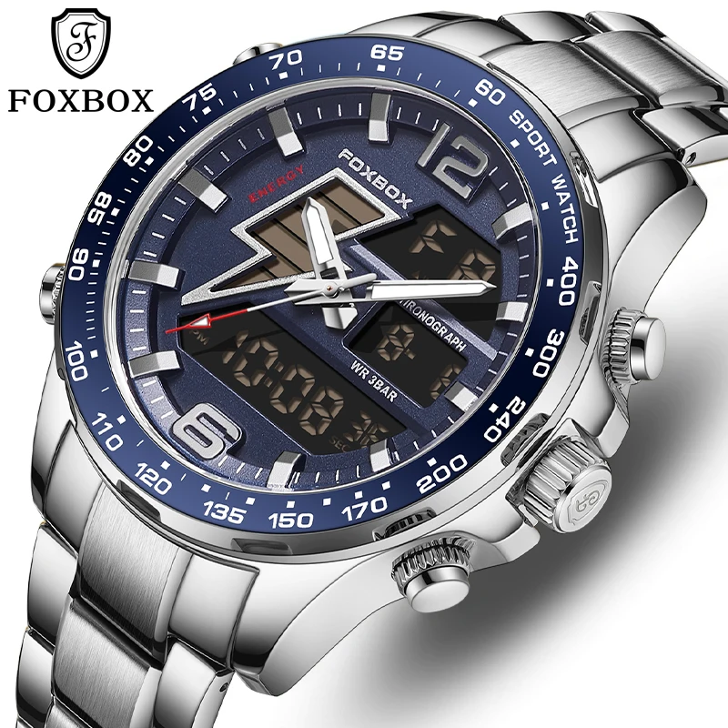 

Luxury Brand FOXBOX Watch For Men Stainless Steel Strap Fashion Quartz WristWatches 30M Waterproof Luminous Military Male Watch