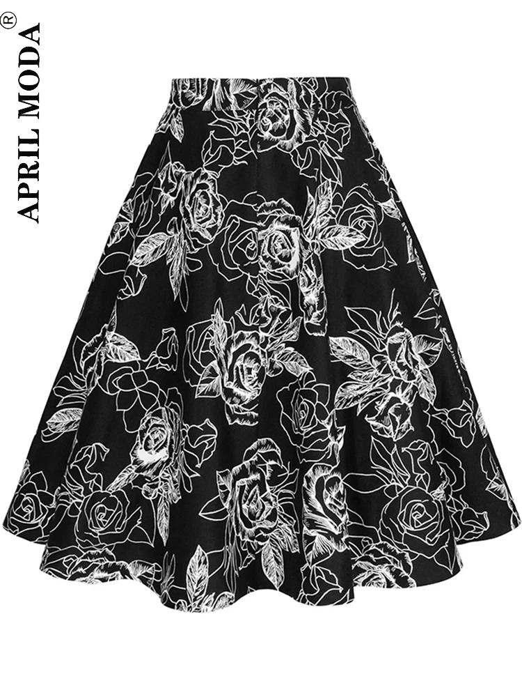 تنورة عالية الخصر مطوي للنساء ، طباعة أزهار عتيقة ، تنورات قصيرة متوسطة الطول للفتيات الصغيرات ، على الطراز الفرنسي ، الحجم الكبير ، فالدا النسائية ،