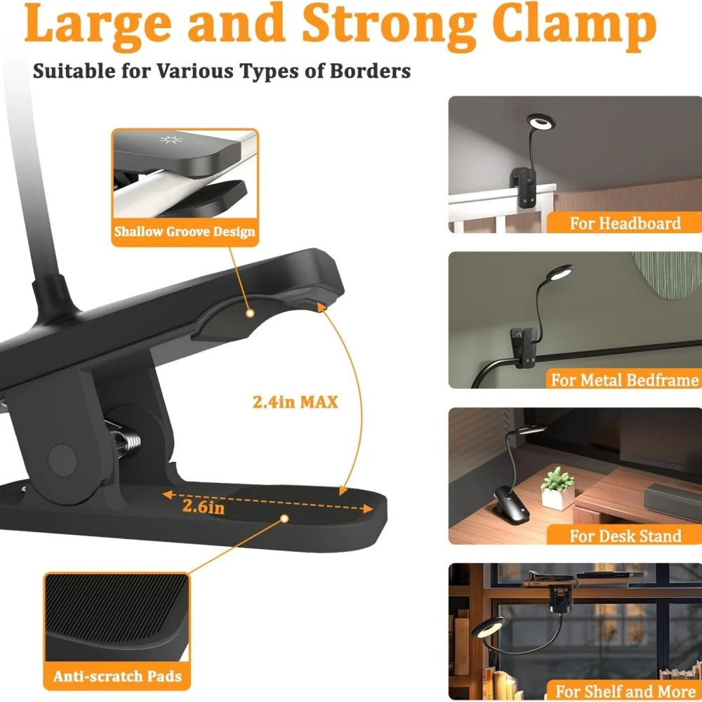 LED Rechargeable Clip on Desk Lamp Light Dimmable Clamp Book Light Flexible Clip Read Night Light Portable Reading Book Lamp