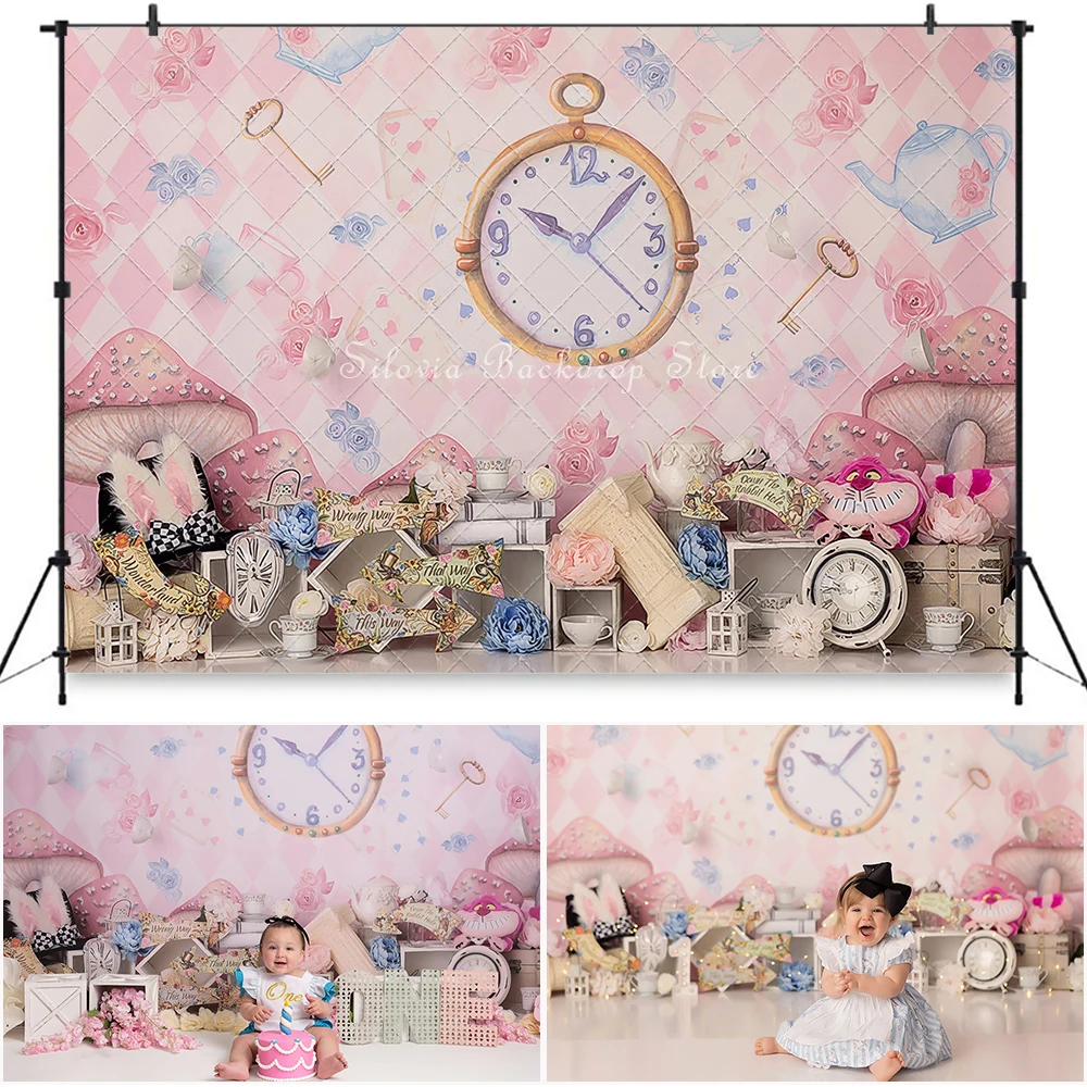 

Princess Queen Tea Party Photography Backdrop Birthday Cake Smash Photo Studio Props Fairy Tale Mushroom Rabbit Photo Background