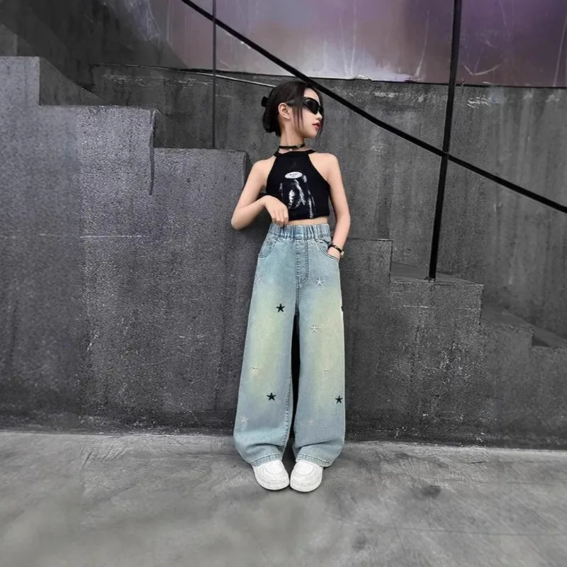 OLEKID Juniors Girl Jeans 4-12Y Children Girl Jeans Star Knotbow Embroidery Little Girls Denim Wide-leg Pant Kid Girl Denim Pant