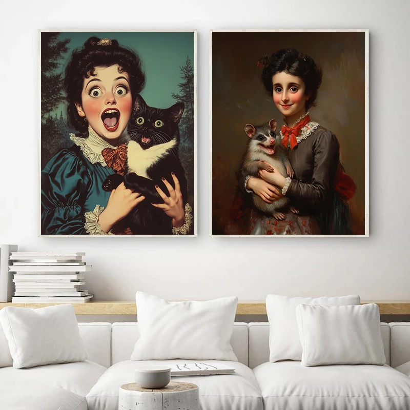 1 Pc Frameless Canvas Whimsical Funny Surreal Animals Posters Creepy Girl Holding Ugly Dog Prints Wall Art Pictures Home Decor