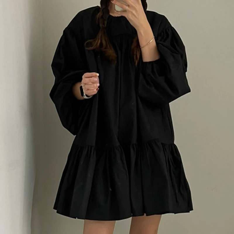 Vestido Casual Solto com Design de Camadas Psadas e Decote Redondo Simples, Estilo Vintage Chic de Outono, Moda Fena E...