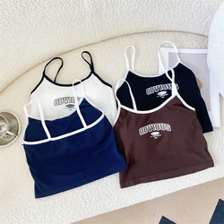 Women With Padded Bra Crop Tops O-neck Solid Crop Tops 2024 Summer Letter Printing Tops Spaghetti Camisole