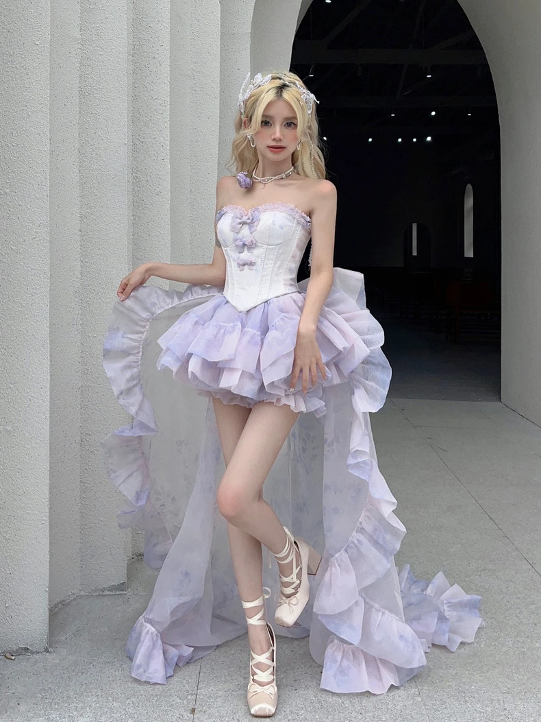 로리타 이브닝 드레스 트레일링 퍼플 여성 하이 엔드 틈새 튜브 탑 생일 슈퍼 페어리 성인 행사 Pettishirt