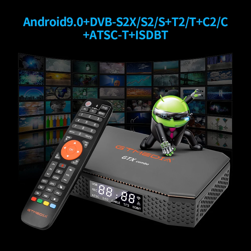 GTMEDIA GTX Combo LAcam 4K/8K فك تشفير Android 9.0+DVB-S2/T2/C2 2GB+32GB TV Box يدعم LACAM/CCAM/M3U، CA&CI+Slot، SATA-HDD، BT4.1