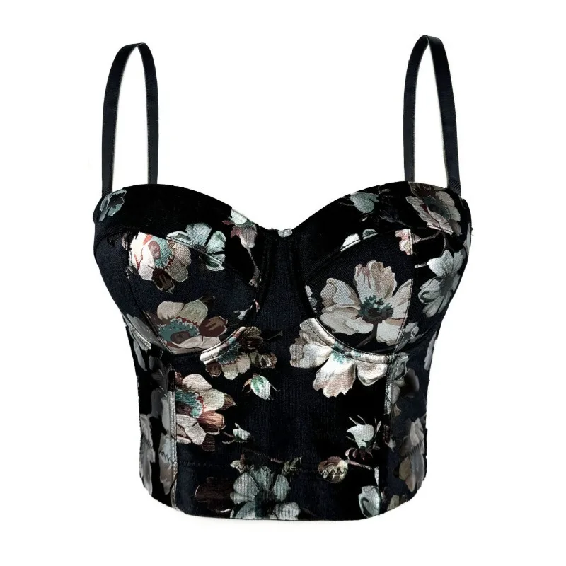 

Velvet Flower Printing Temperament Elegant and High-end Sense Inside Corset Outside Body Sculpting Fish Bone Bra Crop Top