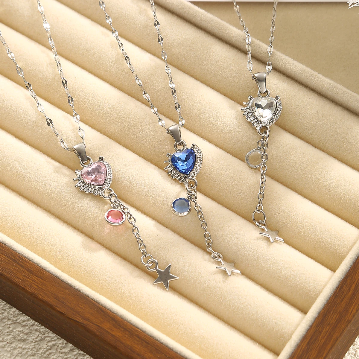 SOVOB رائعة الحب على شكل قلب الزركون ستار شرابة قلادة القلائد للنساء سترة من الفولاذ المقاوم للصدأ سلسلة عنق مجوهرات الحفلات #2