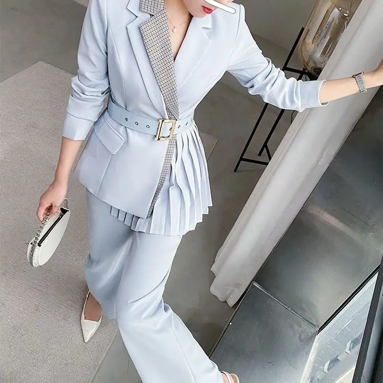 Dress Irregular Pleated Thin Blazers Coat OL Turn Down Collar Suit Cardigan Belted Jacket Tops + Long Pants Spring Fall 2Pcs Set