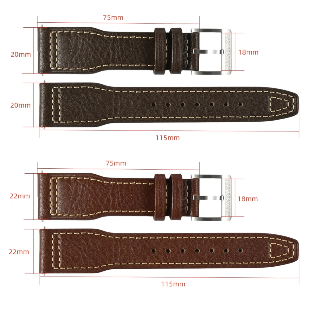 San Martin Pilot Horween Cowhide Leather Watchband 20mm 22mm Watch Belt For Men Straps Quick Release Spring Bar Retro Pin Buckle