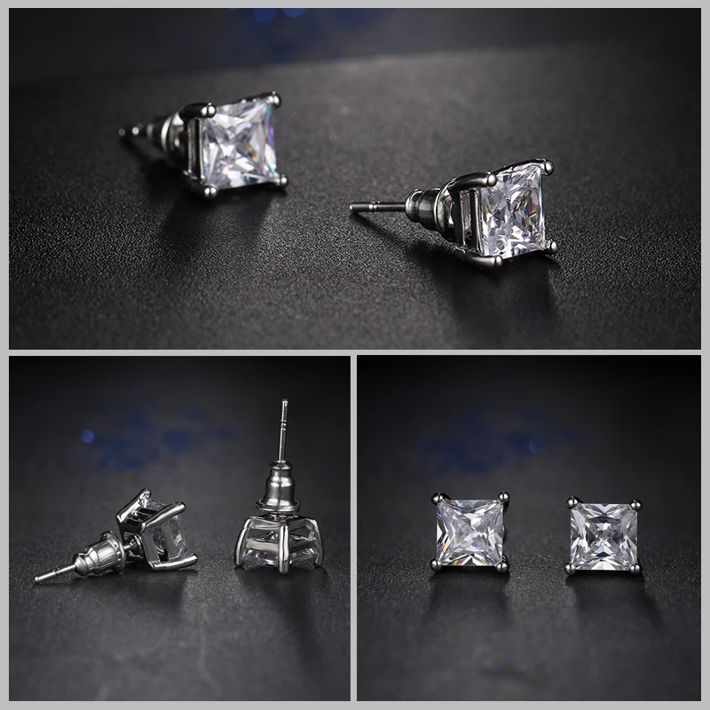 Classic Square Cubic Zirconia Stud Earrings for Men Small CZ Crystal Women Studs Ear For Party Mens Earrings Brincos AE400