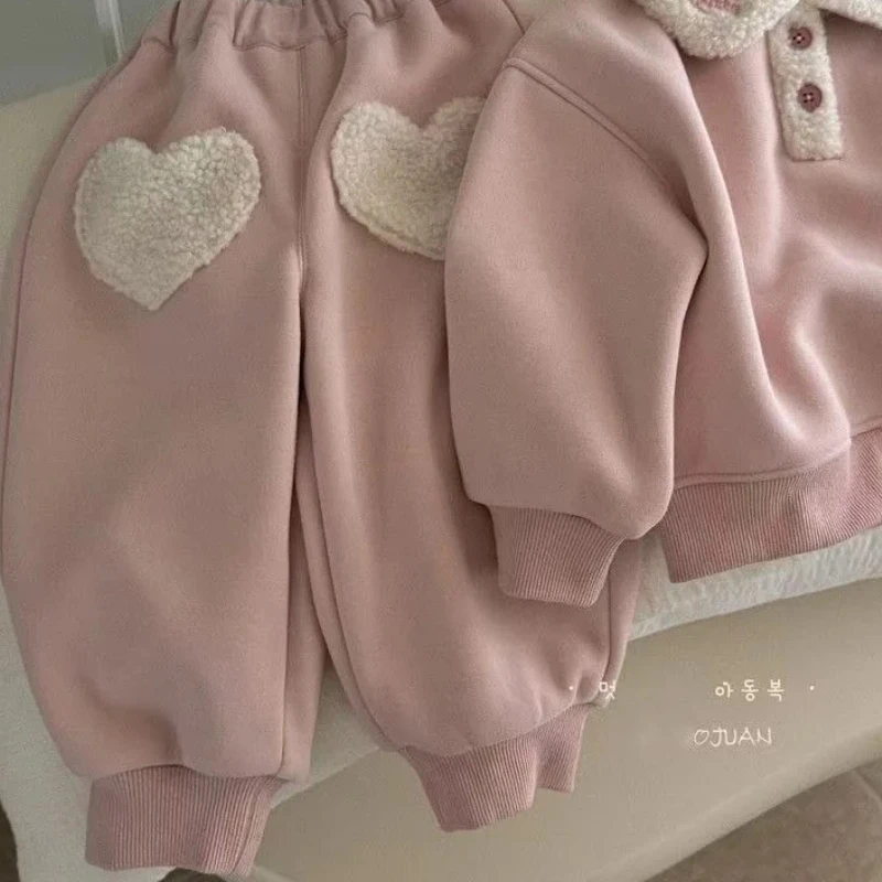 

Girls' New Autumn and Winter Children's Clothing Pink Heart and Velvet Two-piece Set Winter Hoodie and Stylish Casual Set