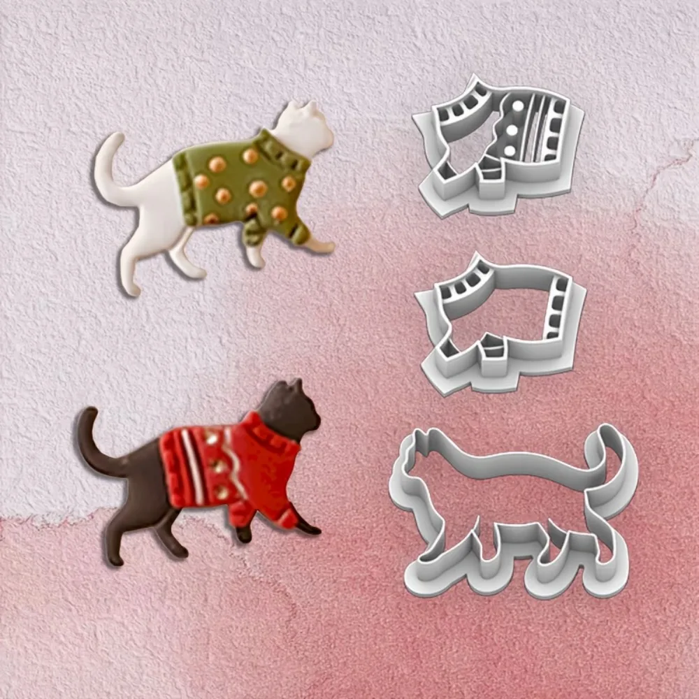 3Pcs Christmas Sweater Cat Polymer Clay Cutters Set Hand-Cut Plastic Molds DIY Jewelry Earrings Making Tools for Cat Lovers
