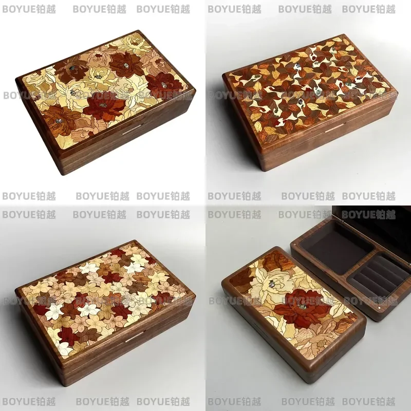 Handmade Solid Wood Jewelry Box Retro Black Walnut Parquet Design Vintage Storage Case for Rings Earrings Unique Gift Idea