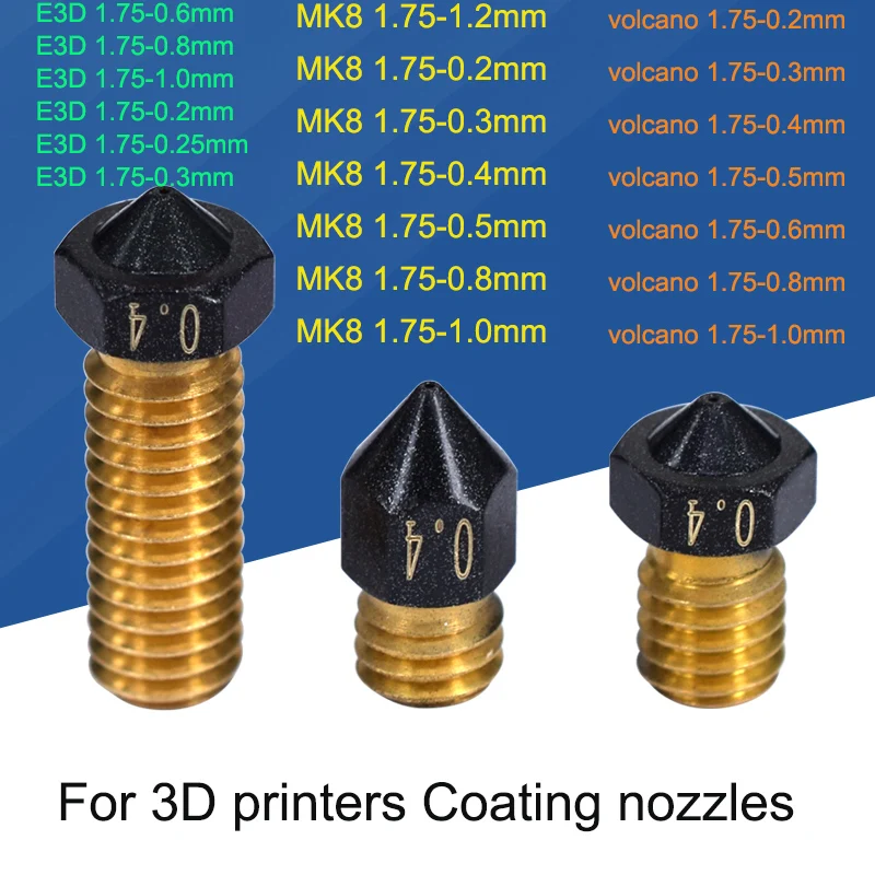 

1 PCS New Brass Nozzle E3D/MK8/Volcano Extended Printer Nozzle 1.75x0.1-1.2mm For 3D Printer Accessories