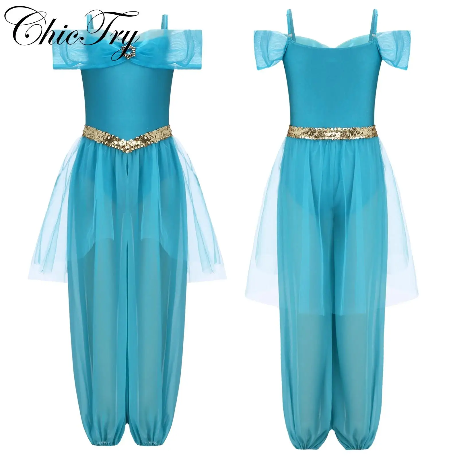 

Girls Arabian Princess Costume Sleeveless Shiny Sequin Gems Adorned Romper Jumpsuit Halloween Carnival Themed Party Dress Up