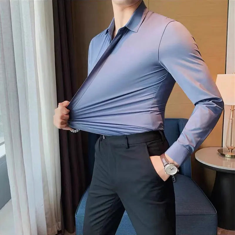 Autumn/Winter Spandex high stretch business casual solid color long sleeve men\'s shirt non-ironing anti-wrinkle silky smooth