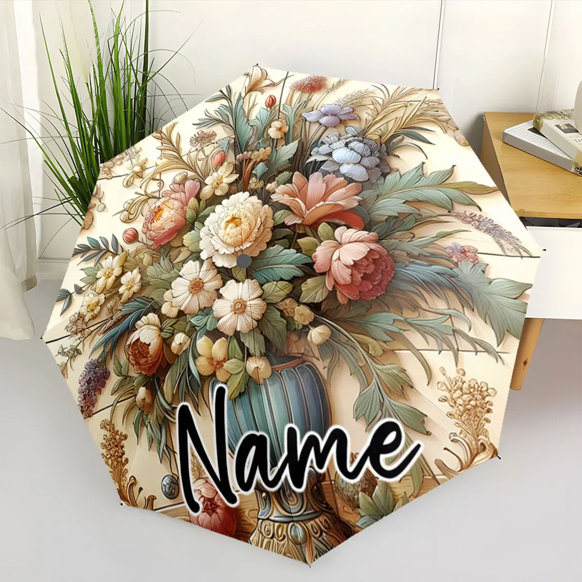 Custom Name Umbrella Floral Elegance Umbrella Design Print 8 Iron Ribs Folding Umbrella Auto-Open Fashion Sunshade