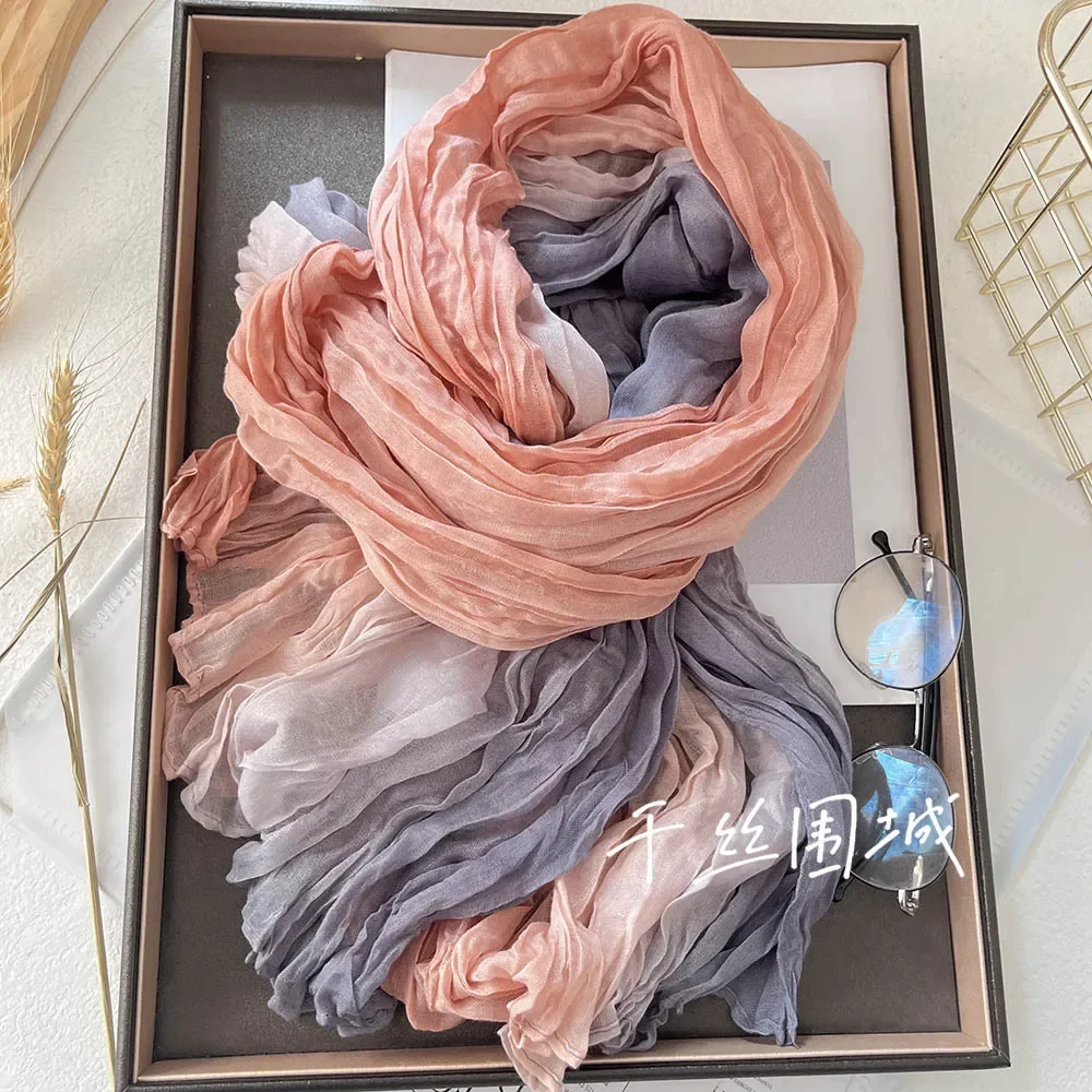 

New Scarf Cotton Hemp Gradient Blue Autumn/Winter Retro Versatile Printed Women's Long Fold Shawl Elegant and Fashionable