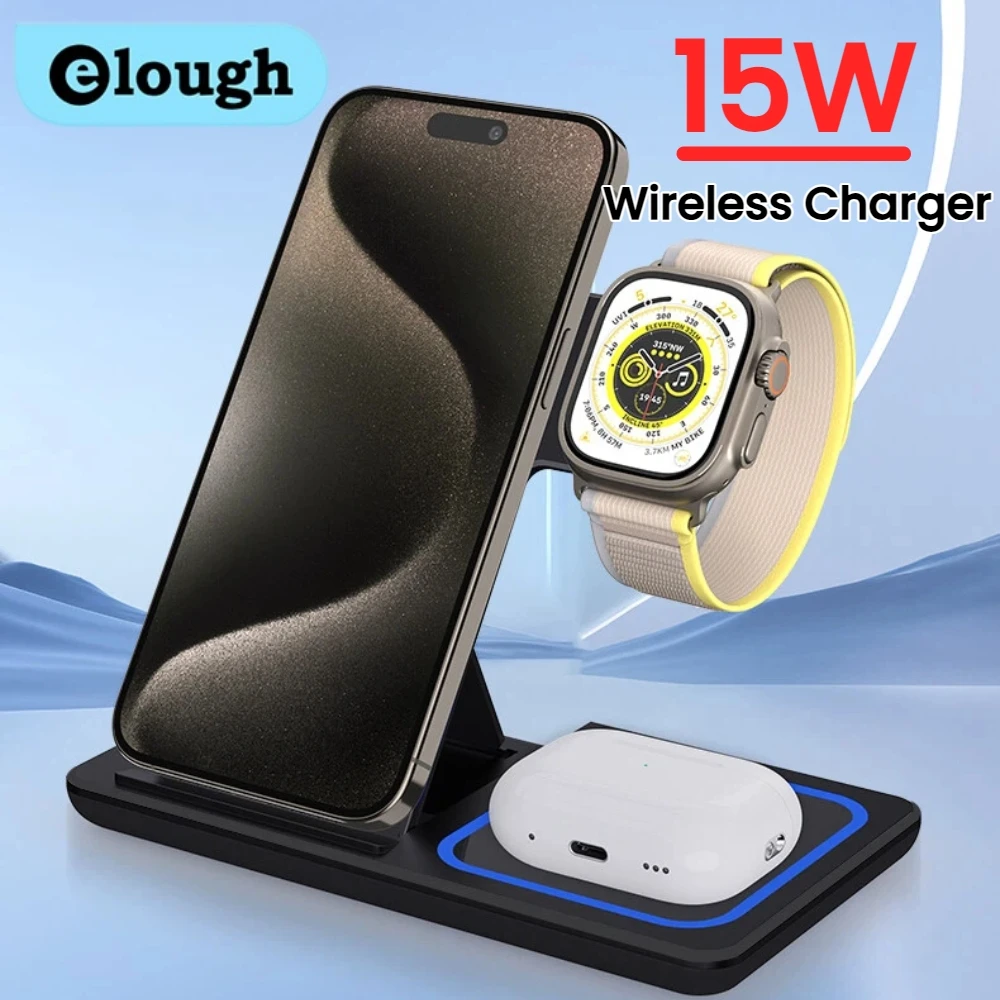 Elough 15W حامل شاحن لاسلكي مغناطيسي 3 في 1 شاحن لاسلكي قابل للطي لهاتف iPhone 15 14 13 Apple Watch 9 8 7 6 Airpods Pro #1