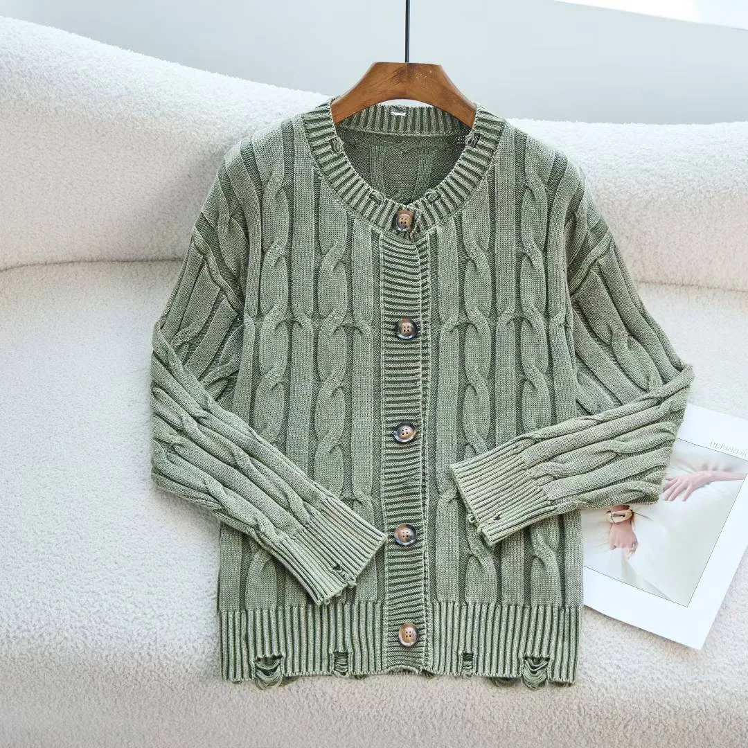 

Women Cardigan Sweaters Solid Cable Knitted Jumpers Casual Round Neck Long Sleeves Loose Fit Holes Slight Strech 2025 Autumn