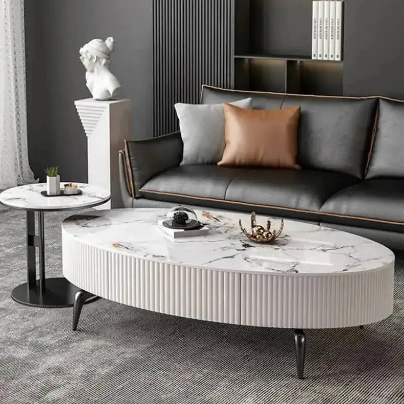 Mesa de Centro Oval Moderna de Luxo, Estilo Nórdico, com Armazenamento, Pequena, Móvel, Transparente, Branca, Designer, Mesas de Centro para Sala de Estar, para Casa