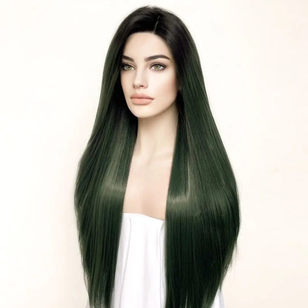 Ombre Green Soft Synthetic Hair Wigs with Baby Hair Natural Hairline Glueless Silky Straight 13x4 Lace Front Wigs for Women