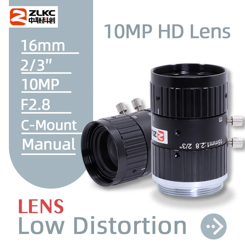 

ZLKC C Mount Lens 10MP 2/3 Inch 16mm Fixed Focus F2.8 Manual Iris Low Distortion Machine Vision for Industrial Inspection Camera