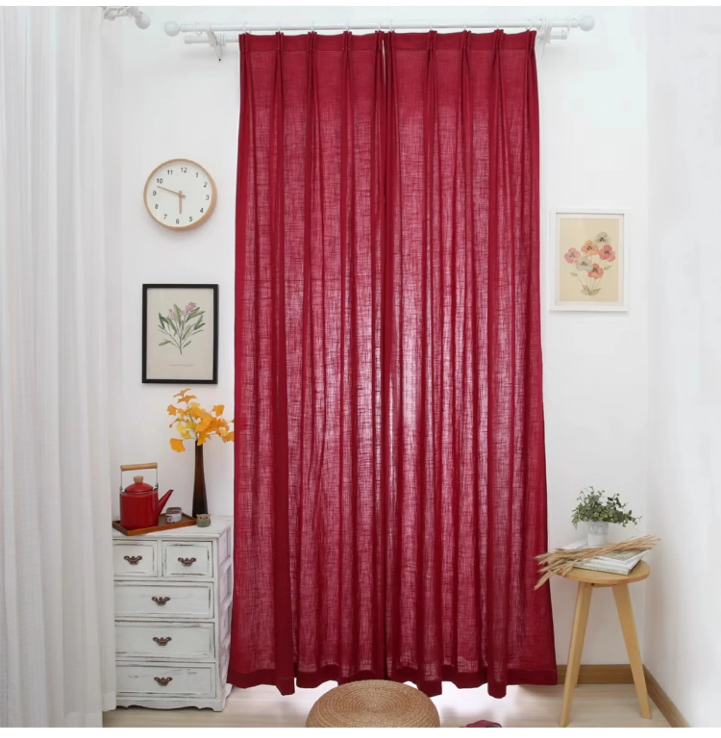 Retro Burgundy Cotton and Linen Curtains B&B Curtains for Living Dining Room Bedroom