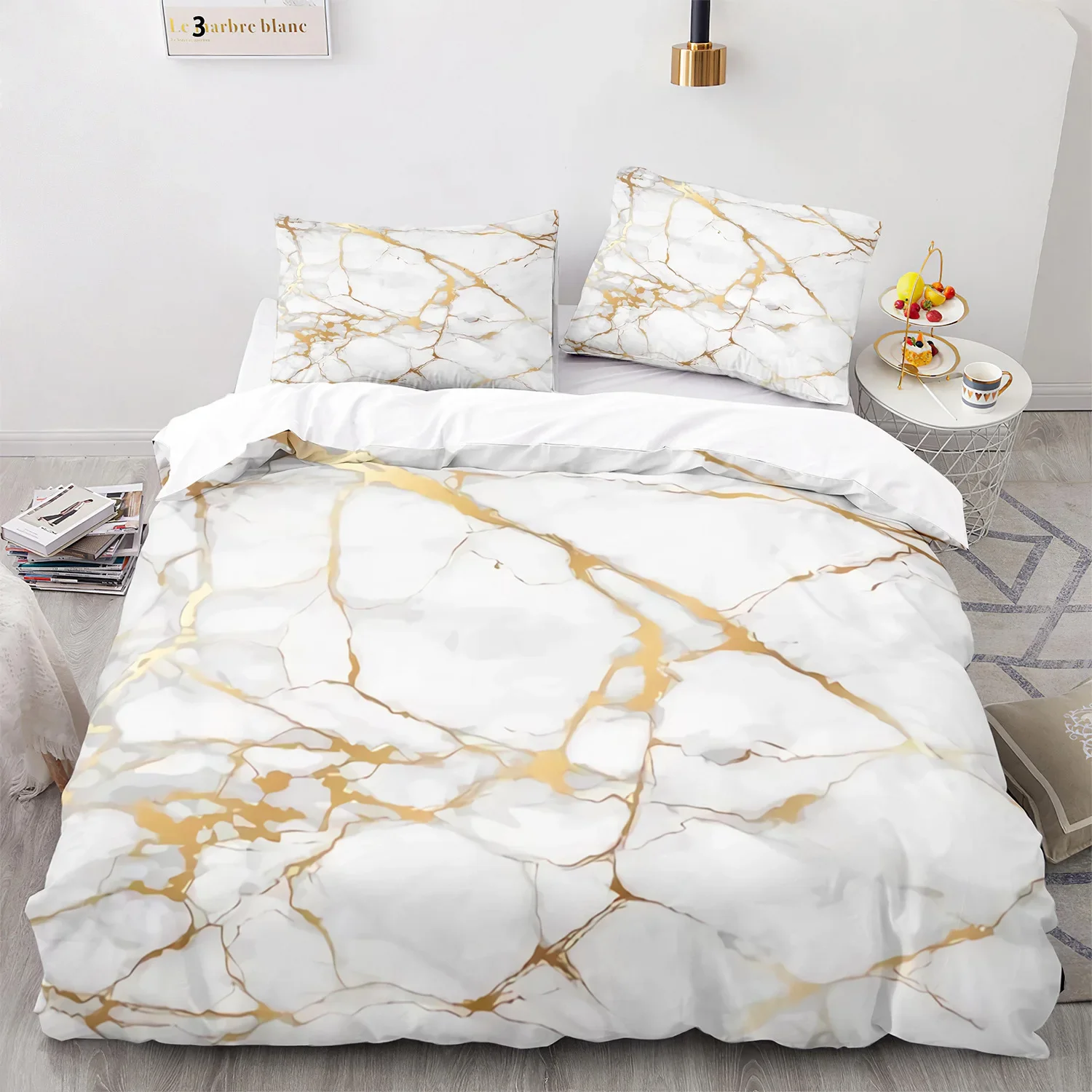 White Gold Abstract Marble Texture Bedding Set Boys Girls Twin Queen Size Duvet Cover Pillowcase Bed Kids Adult