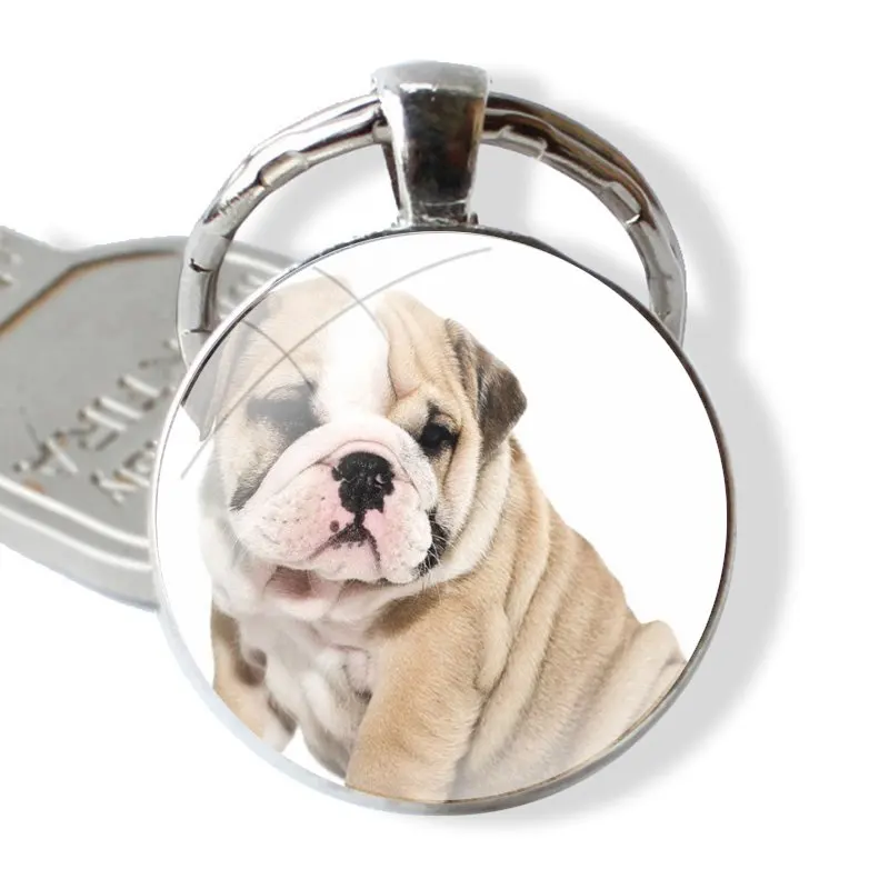 Fashion Creative Cartoon Design French English Bulldog Keychain Handmade Glass Cabochon Key Ring Holder Pendant Key Chains