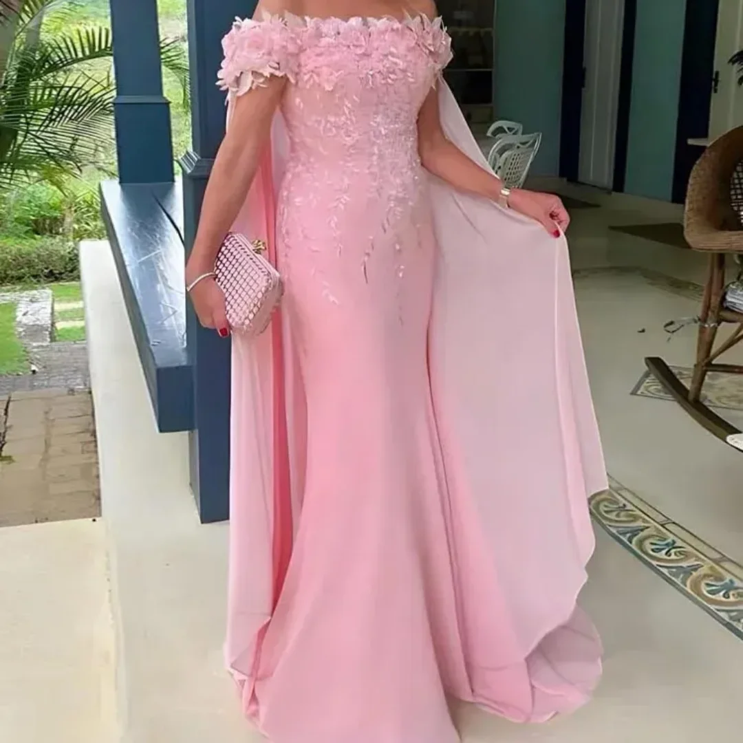 

Elegant Pink Mother Of The Bride Dresses With 3D Floral Formal Occasion Gown Appliques Off The Shoulder Long Guest Dress