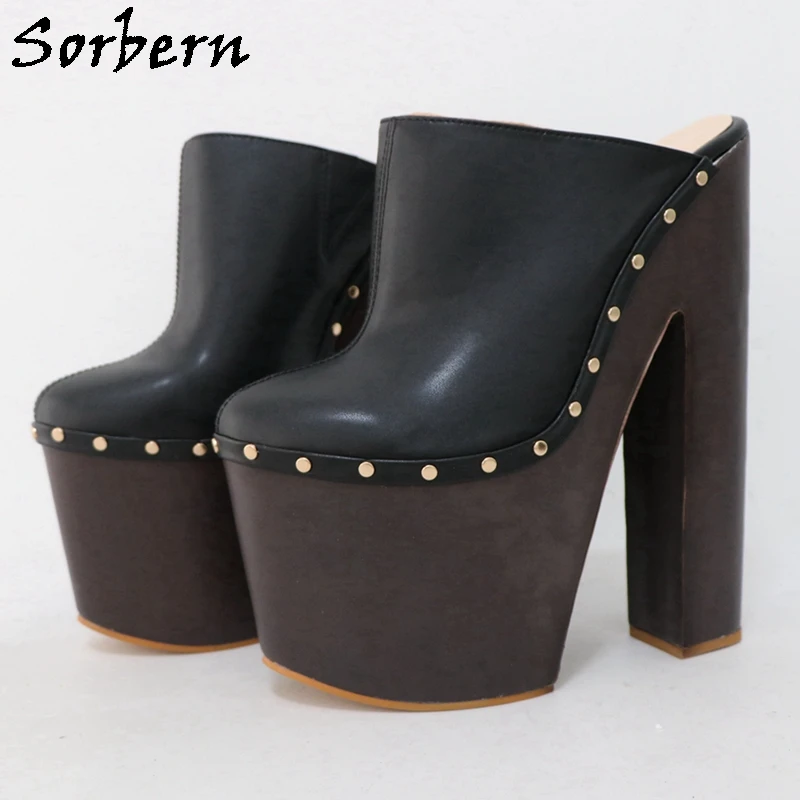 

Sorbern 22Cm Block High Heel Mules Pump Women Shoe Studs Sparking Closed Toe Visible Platform Chunky Heeled Custom Size 33-48