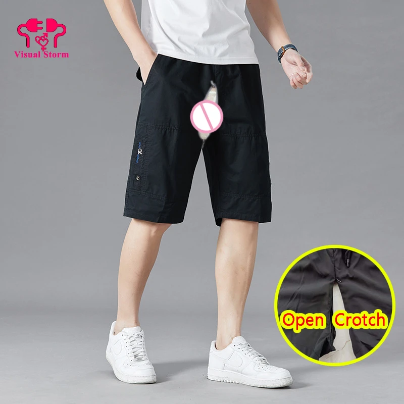 

Summer Men Open Crotch Mini Pants Hidden Zippers Double Pocket Breathable Casual Crotchless Clubwear Outdoor Sport Easy Take Off