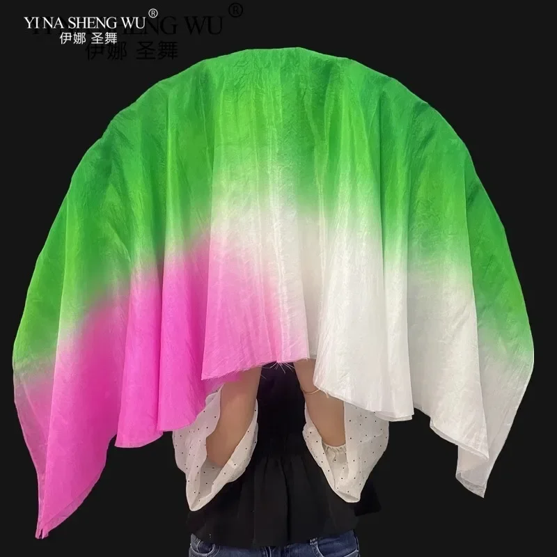 Voile d'éventail en soie pour femmes adultes, Double face en soie véritable, teinture pour les mains en bambou, vert, rose, fluide, main droite, accessoires de spectacle de danse