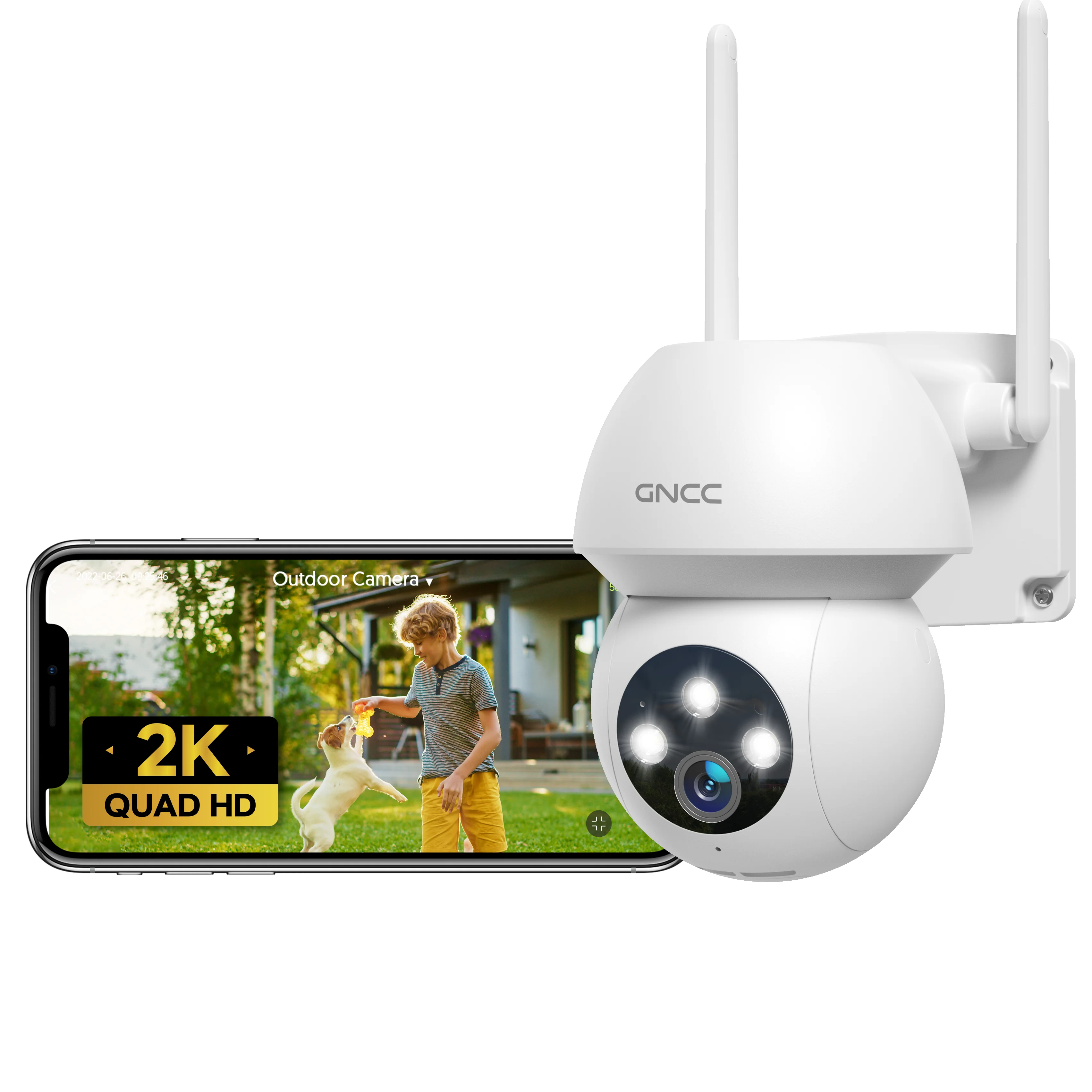 GNCC K1Pro kamera keamanan WiFi kamera keamanan luar ruangan 2K 360 ° kamera keamanan rumah pengawasan berkabel dengan pelacakan otomatis, warna penglihatan malam