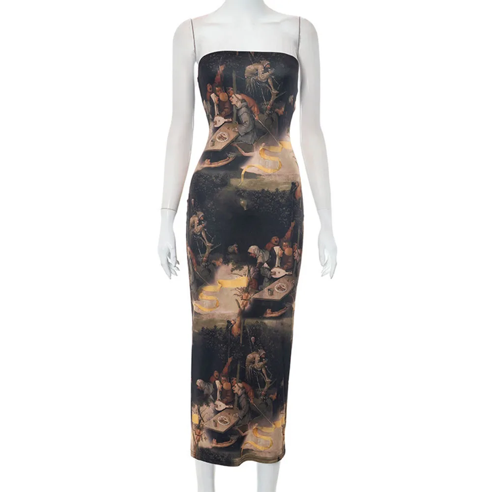 Retro Off Shoulder Party Beach Dress Slim Long Dress with Oil Painting Print Sexy Strapless Dress for Women Black