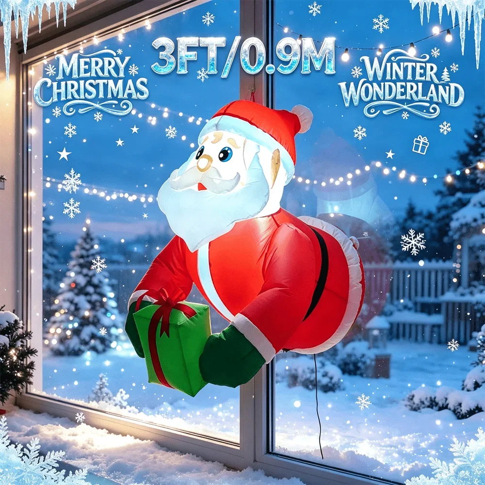 3FT Christmas Inflatable Model Santa for Window Wall Decor with LED Lights Holiday Wall Window Decorations for Family Party