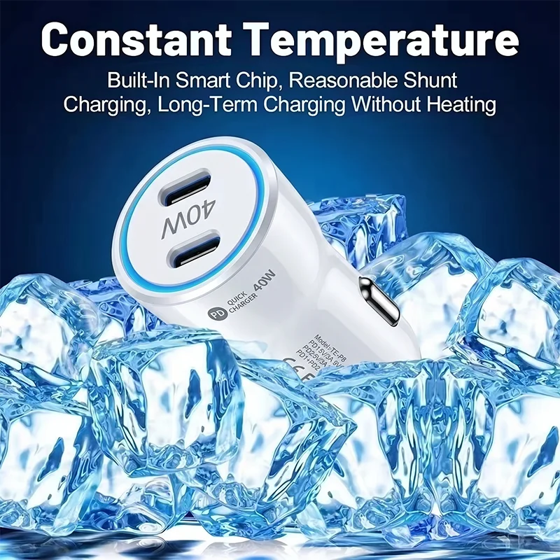 40W PD Car Charger Dual C Ports with Cool Blue LED Ring Ultra-compact Mini Car Phone Charger For Fast Multi-device Charging view 4