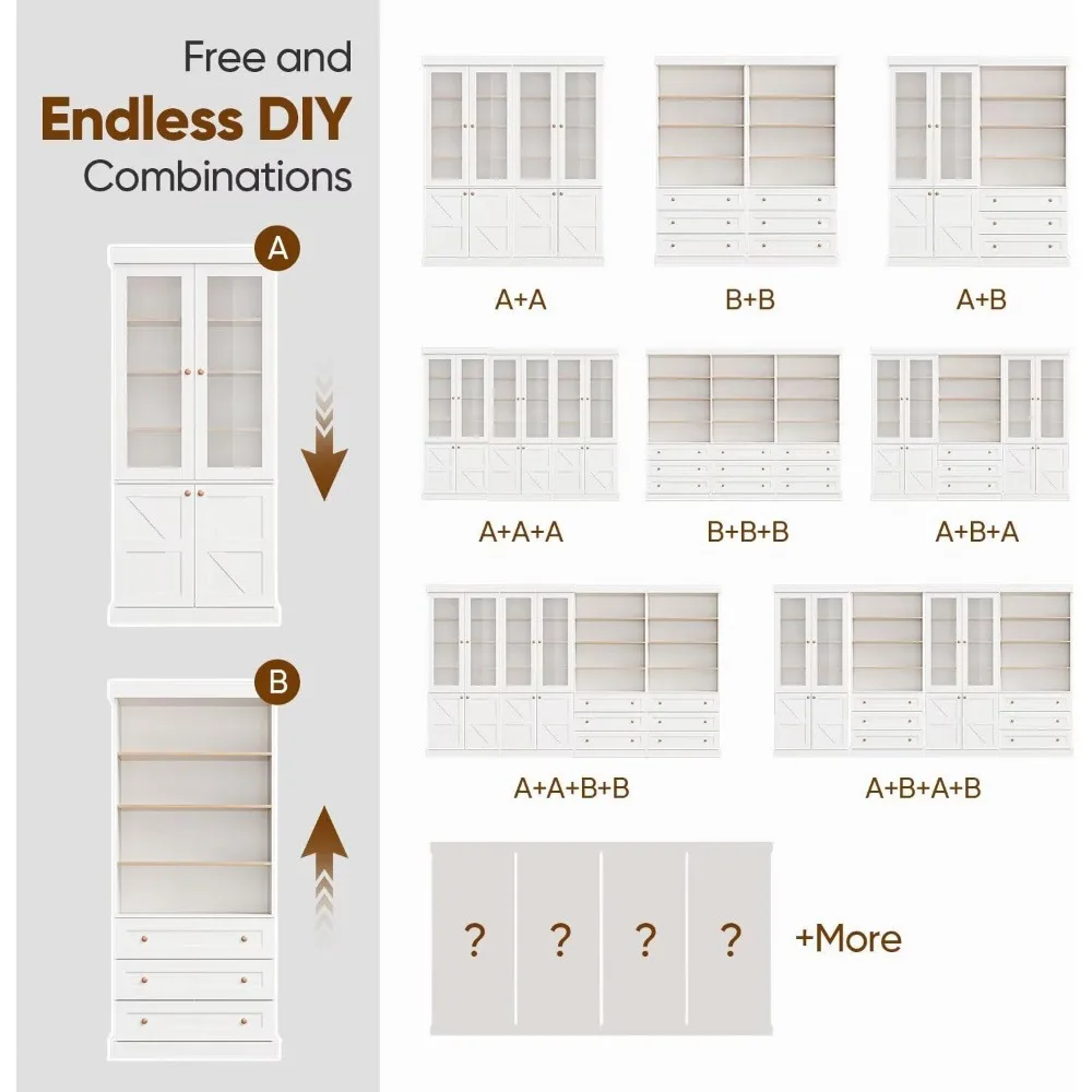 

71 Tall Modular Farmhouse Bookcase with Glass Doors & Drawers, Set of 3, Large Storage Cabinet with Adjustable Shelves