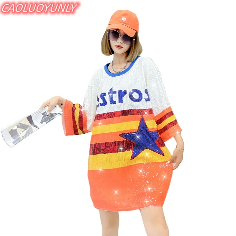 

Summer New Sequins Geometric Striped Letter Patchwork Short Sleeve T-Shirt Hip Hop Round Neck Straight Loose Long Women' Wears