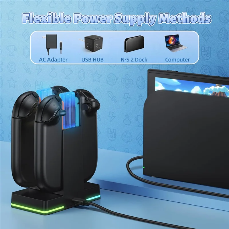 

【ABUP】магнитная док-станция для быстрой зарядки для Nintendo Switch 2, 9, зарядная станция с подсветкой RGB для Joycon 2, игровые аксессуары