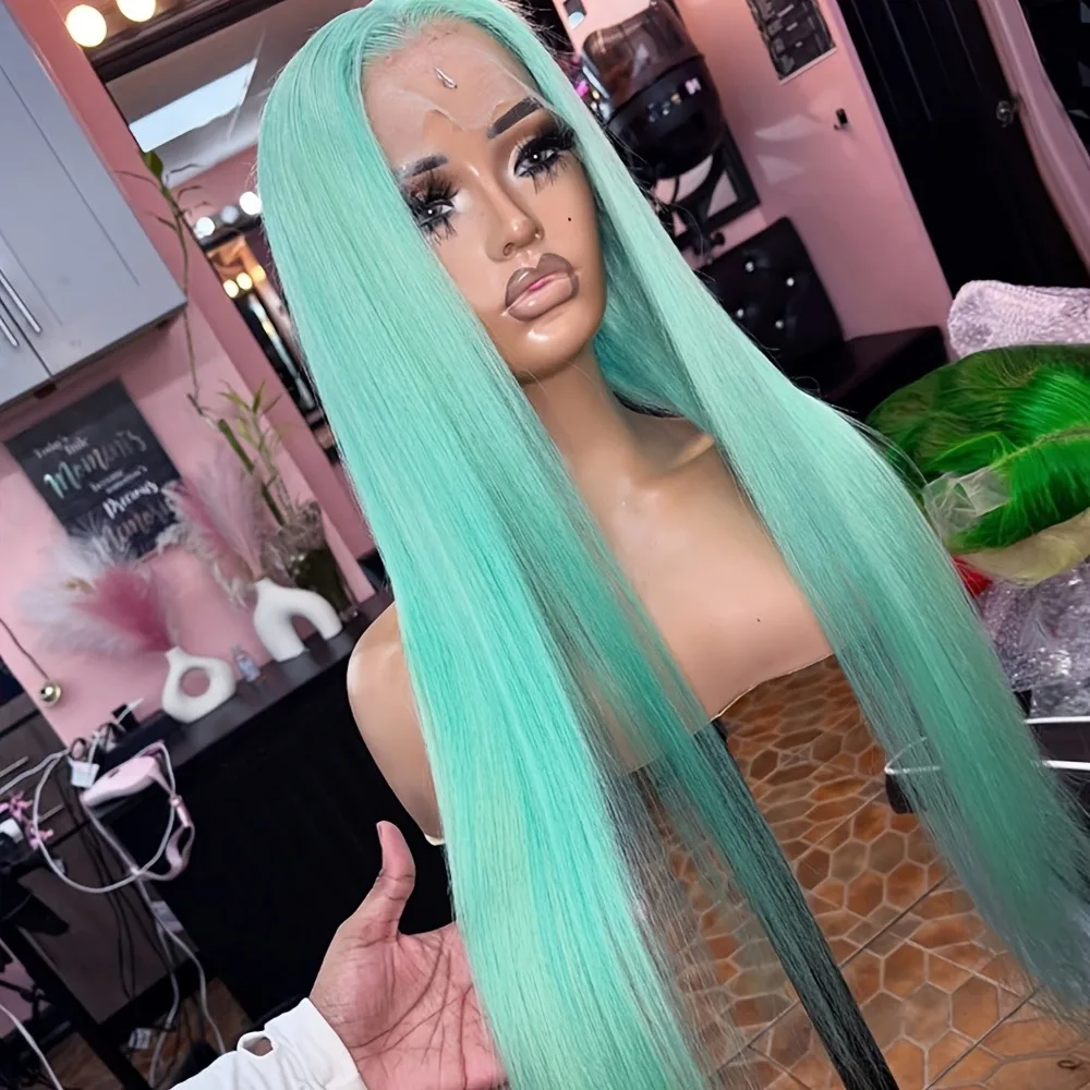 

Синтетический парик 13X4 светло-зеленого цвета с прямым кружевным фронтом HD, предварительно выщипанной линией роста волос, без клея, с естественной линией волос и кружевными вставками, для косплея