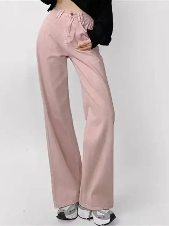 

Розовые джинсы с высокой талией 2026 Весна/Лето Новинка Свободные и стройнящие прямые брюки с широкими штанинами, удлиненные, в пол ZCTN