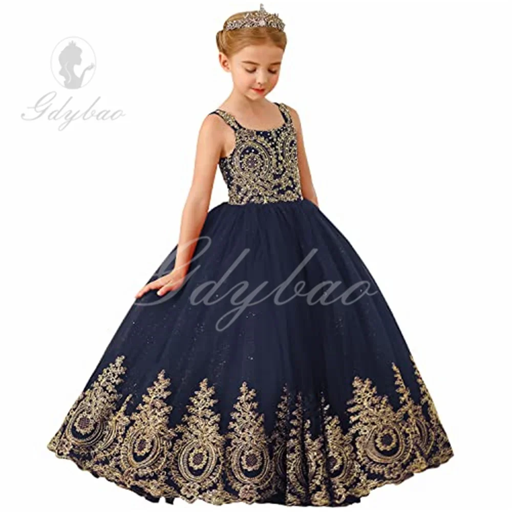 Apliques de ouro sem mangas frisado vestido de baile para menina, vestidos luxuosos para casamento e aniversário, primeira comunhão sagrada, florida