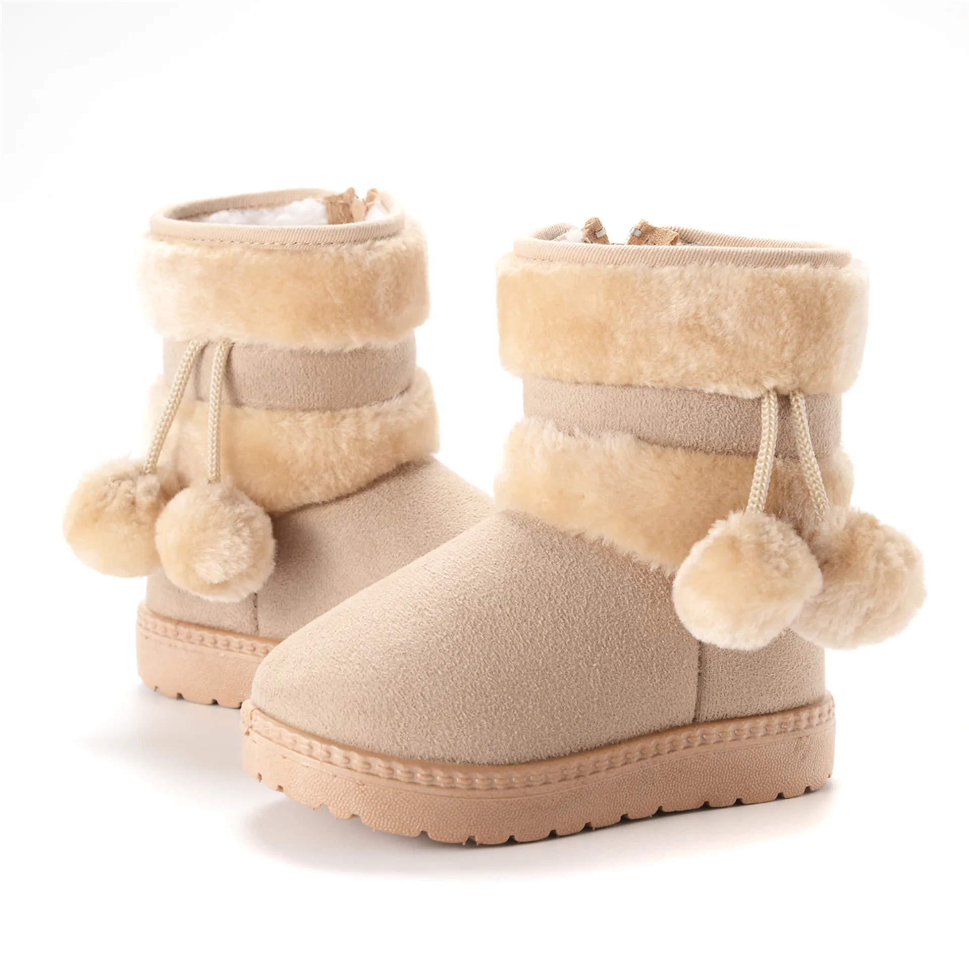 Neue Winterstiefel für Jungen und Mädchen, mit dicker Polsterung und Pompons, rutschfeste, weiche Wildleder- und Baumwollstiefel für Kinder, lässige, modische Stiefel für Babys und Teenager. – Detail 4