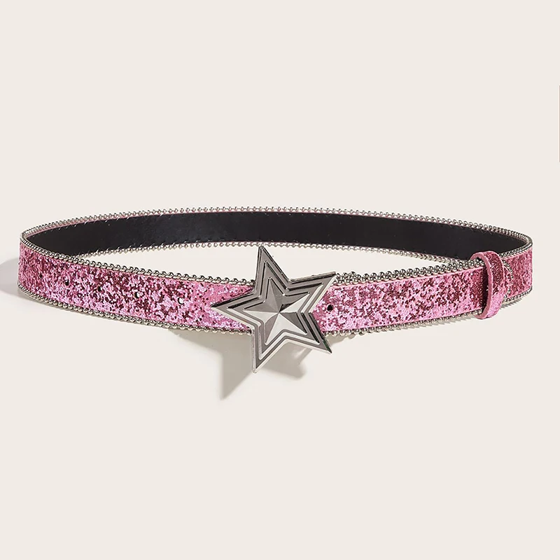 Women\'s Star Buckle Belt Y2k Luxury Bling Sequin Punk Metal Buckle Waist Strap Fashion Shiny PU Leather Waistband Jeans Belt