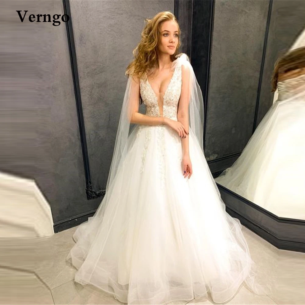 

Verngo V Neck Lace Applique Tulle A Line Wedding Dresses With Cape Sleeves Floor Length Bridal Gowns Vintage Robe de mariage